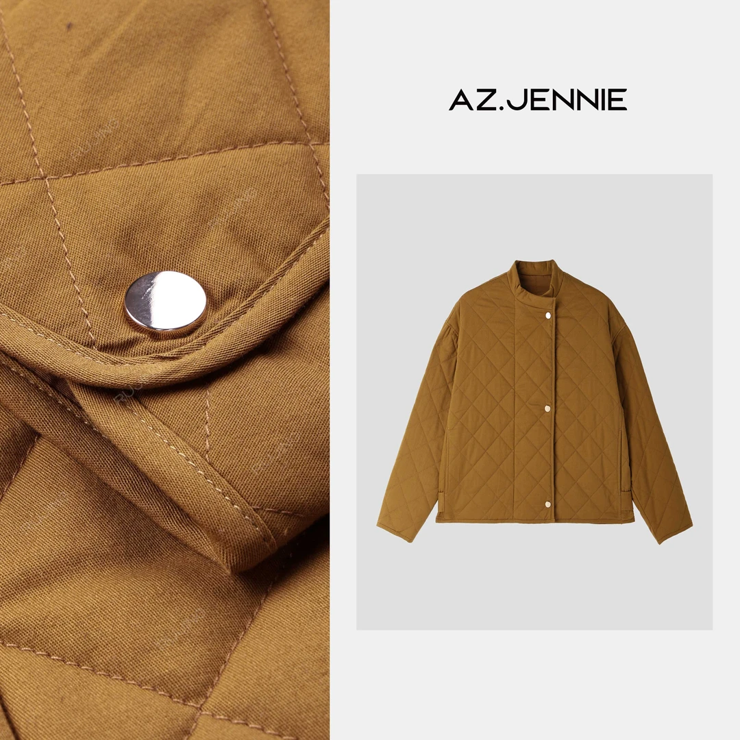 RUJING丨 夹克棉服女秋季新款简约菱形立领短款外套百搭上衣