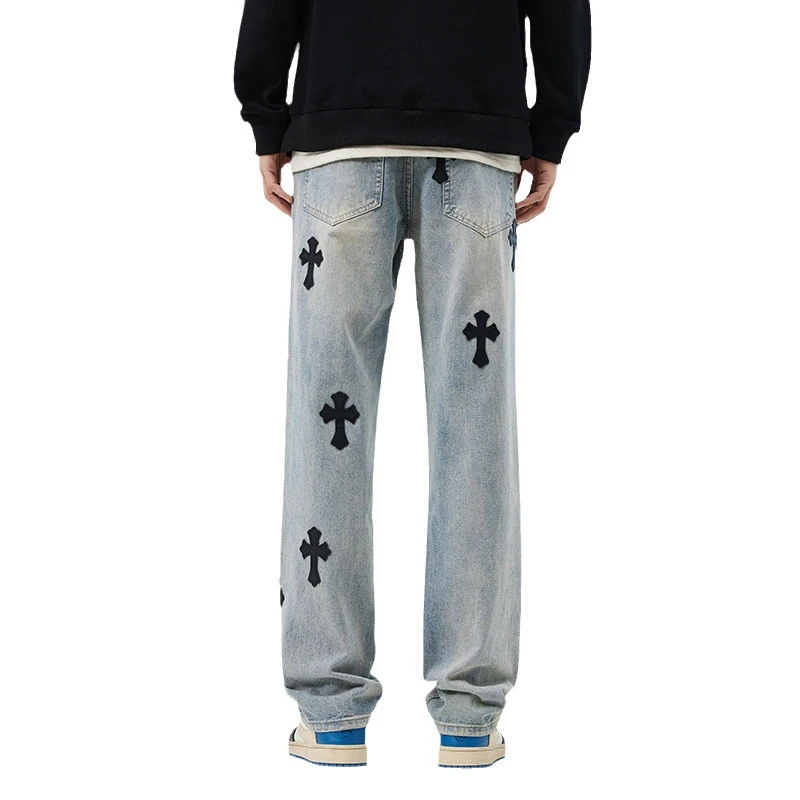 十字架牛仔裤男宽松款2025新款春夏潮牌男克罗心直筒长裤男潮