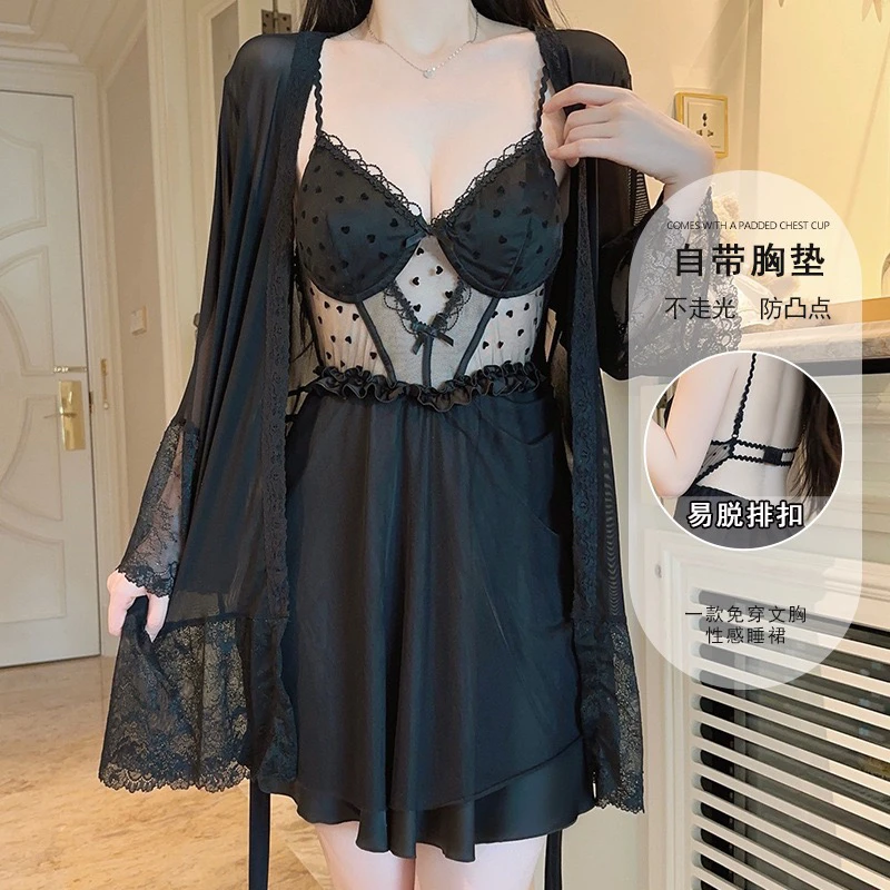 【穿搭秀】新款轻奢性感聚拢带胸垫镂空蕾丝睡裙