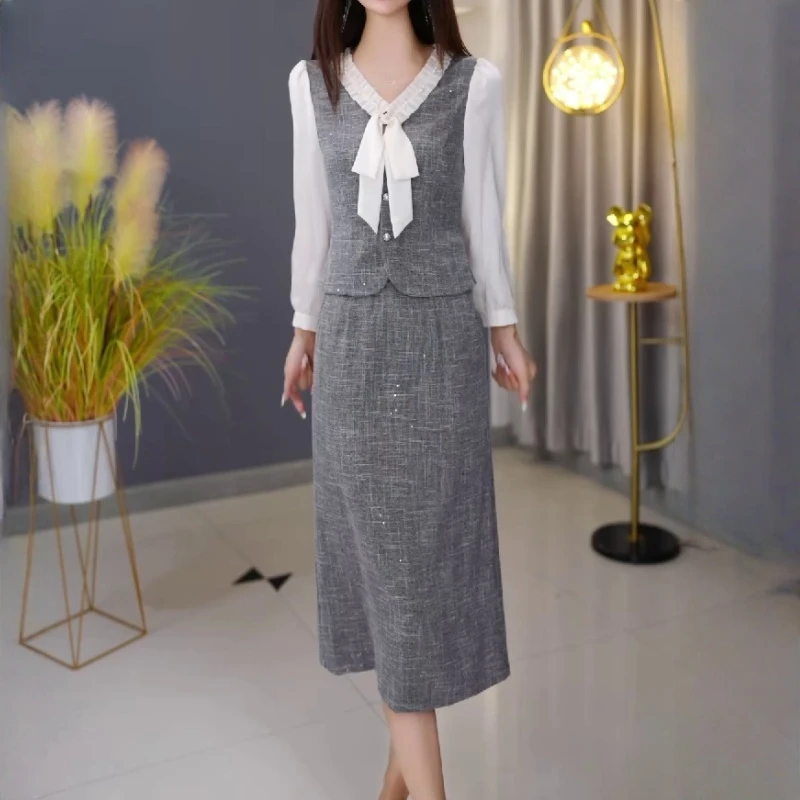 法式假两件拼接长袖连衣裙2025早秋新款慵懒风休闲显瘦遮肉中长裙