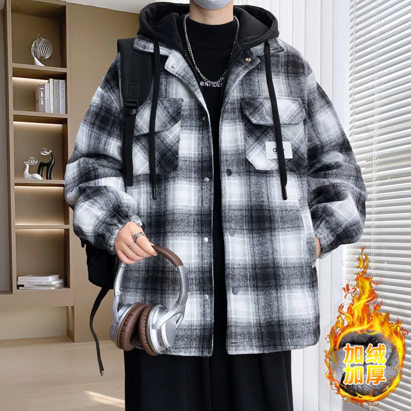 秋冬季加绒加厚保暖休闲格子外套青少年学生百搭连帽潮流夹克男生