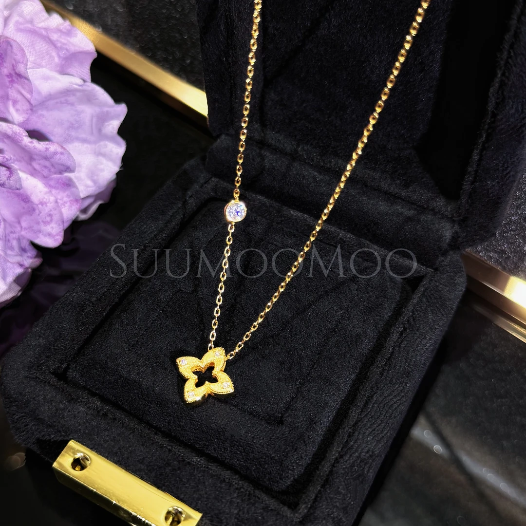 坠链均925银合成锆石 法式时尚金色镂空拉丝花花项链 925通体银