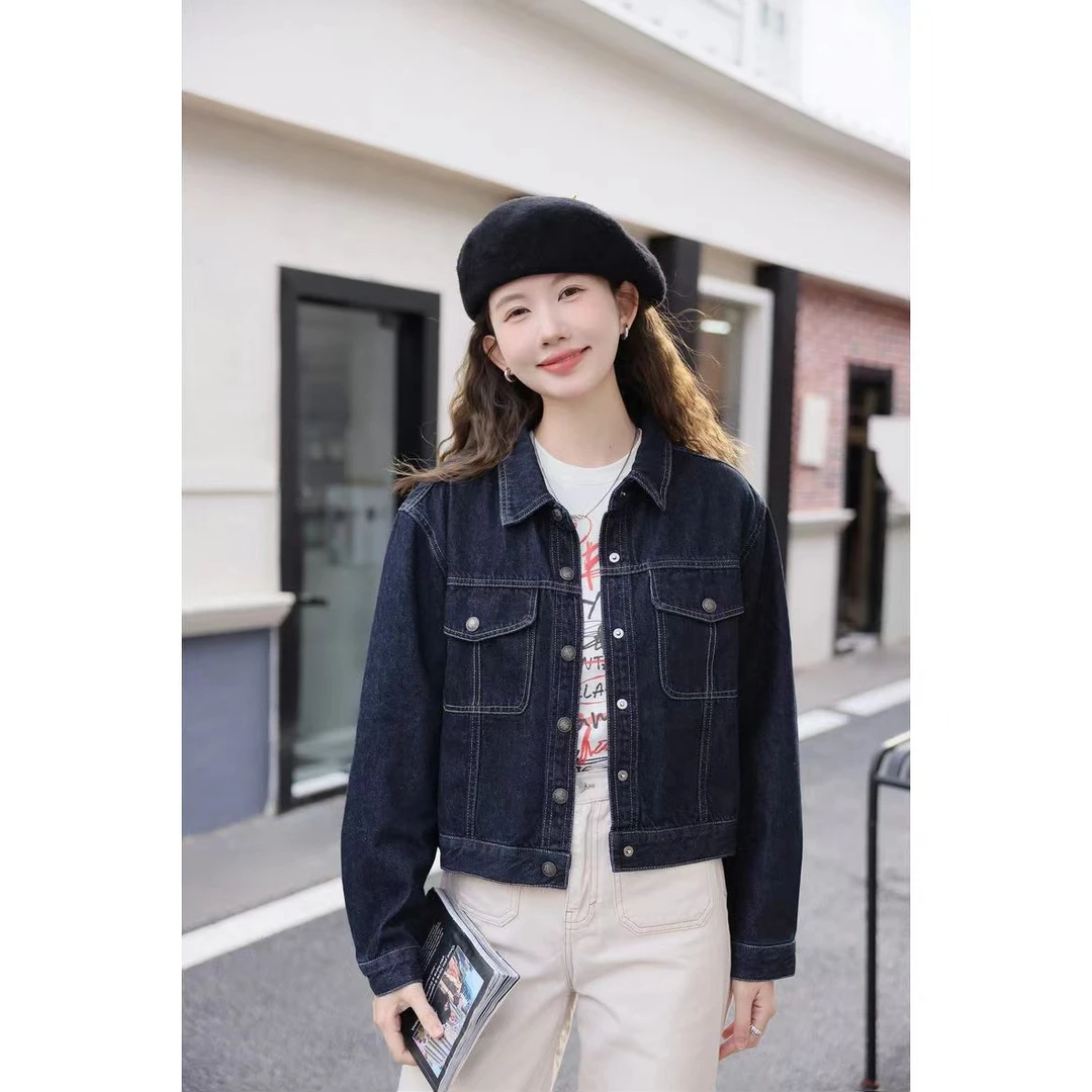 港风短款牛仔外套女2025春季新款小个子长袖休闲单排扣翻领夹克女