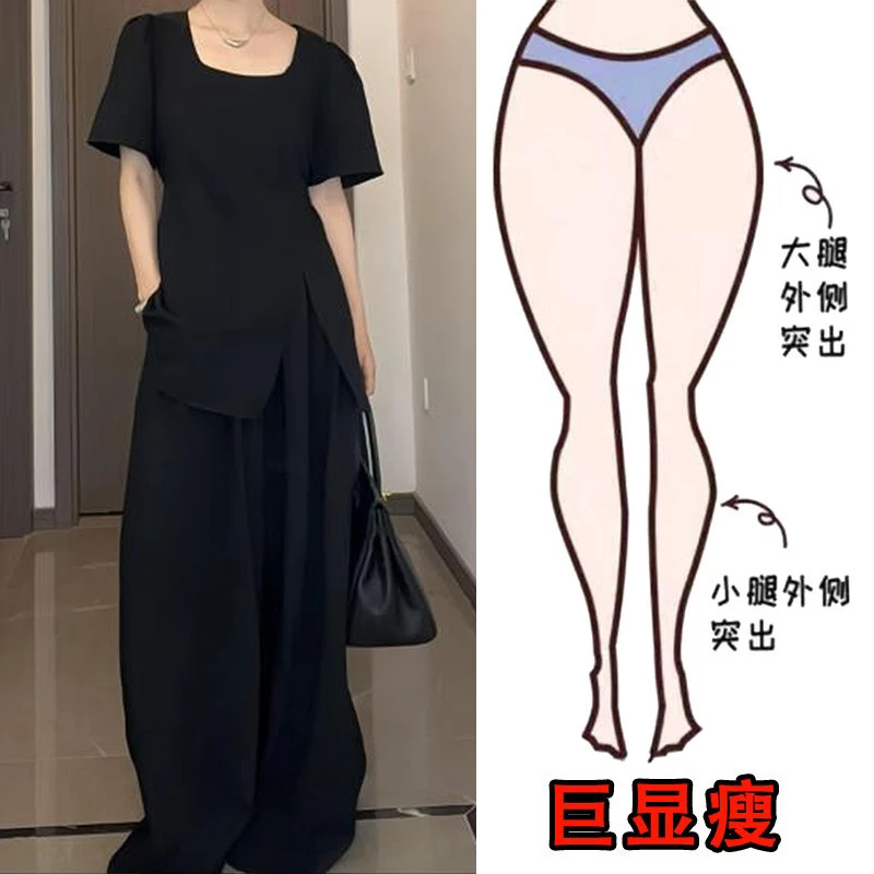 2025夏季薄款时尚休闲两件套装女宽松显瘦短袖上衣阔腿休闲拖地裤