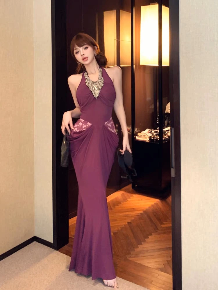 【一帘幽梦】法式气质挂脖吊带连衣裙高级重工钉珠收腰包臀鱼尾长裙