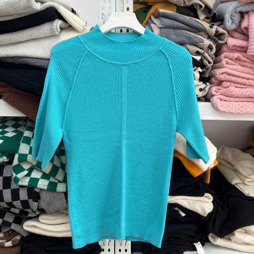 女士时尚气质半高领鱼骨显瘦短袖