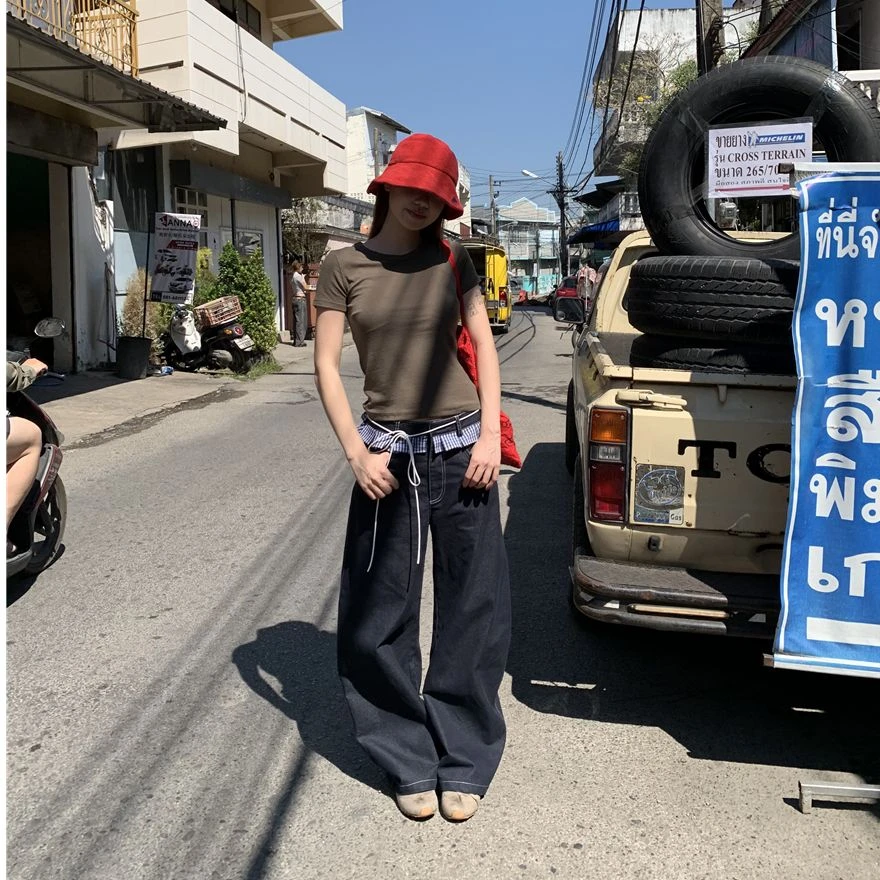 QYao Girls复古设计感水洗复古帅气格子花边拼接抽绳直筒牛仔裤