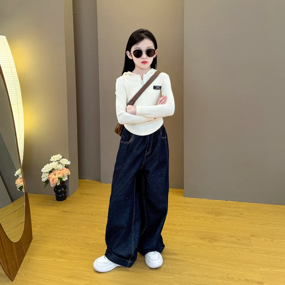 女童2025新款韩版中大童时尚休闲外套连帽打底衫牛仔阔腿裤套装潮