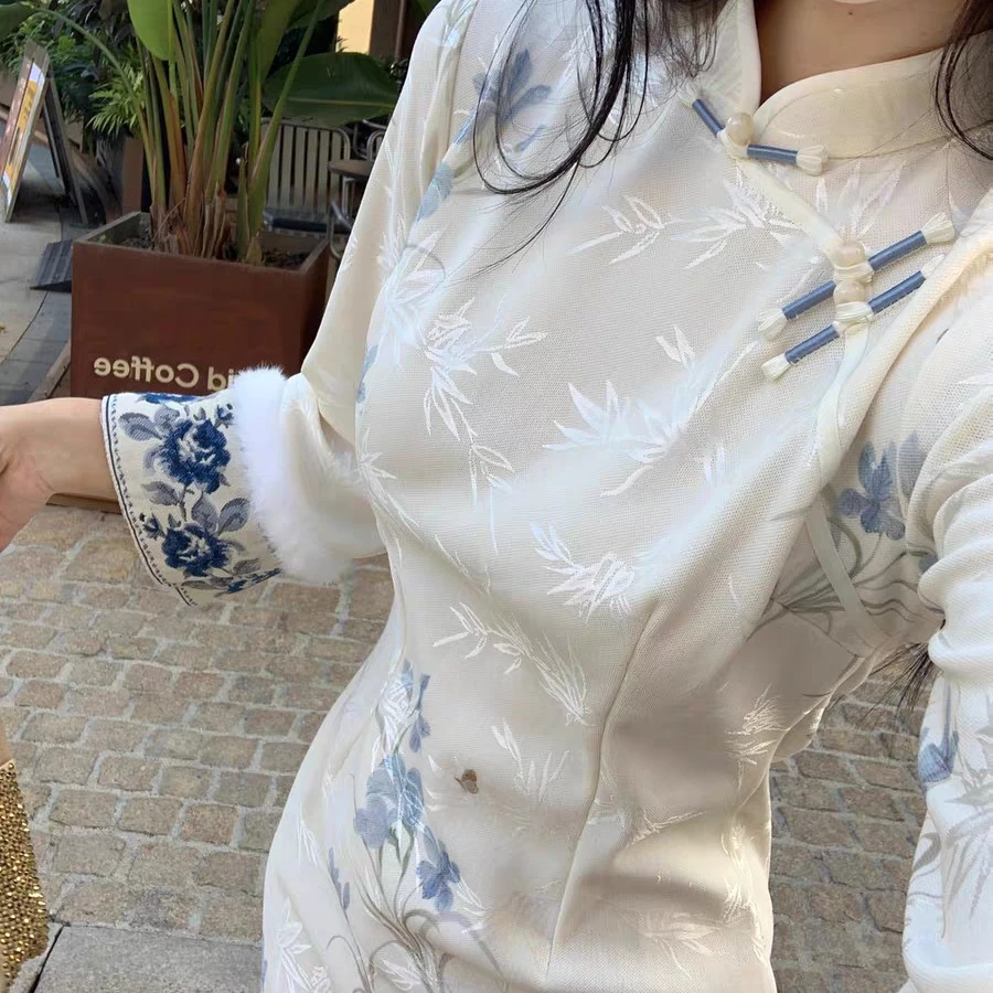 （舒苒）长度120加绒刺绣旗袍加厚秋冬复古民国优雅气质显瘦日常