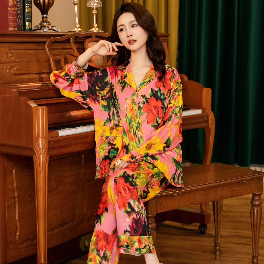 达芬奇密码水果缤纷长袖休闲女士夏季三件套宽松印花睡衣家居服