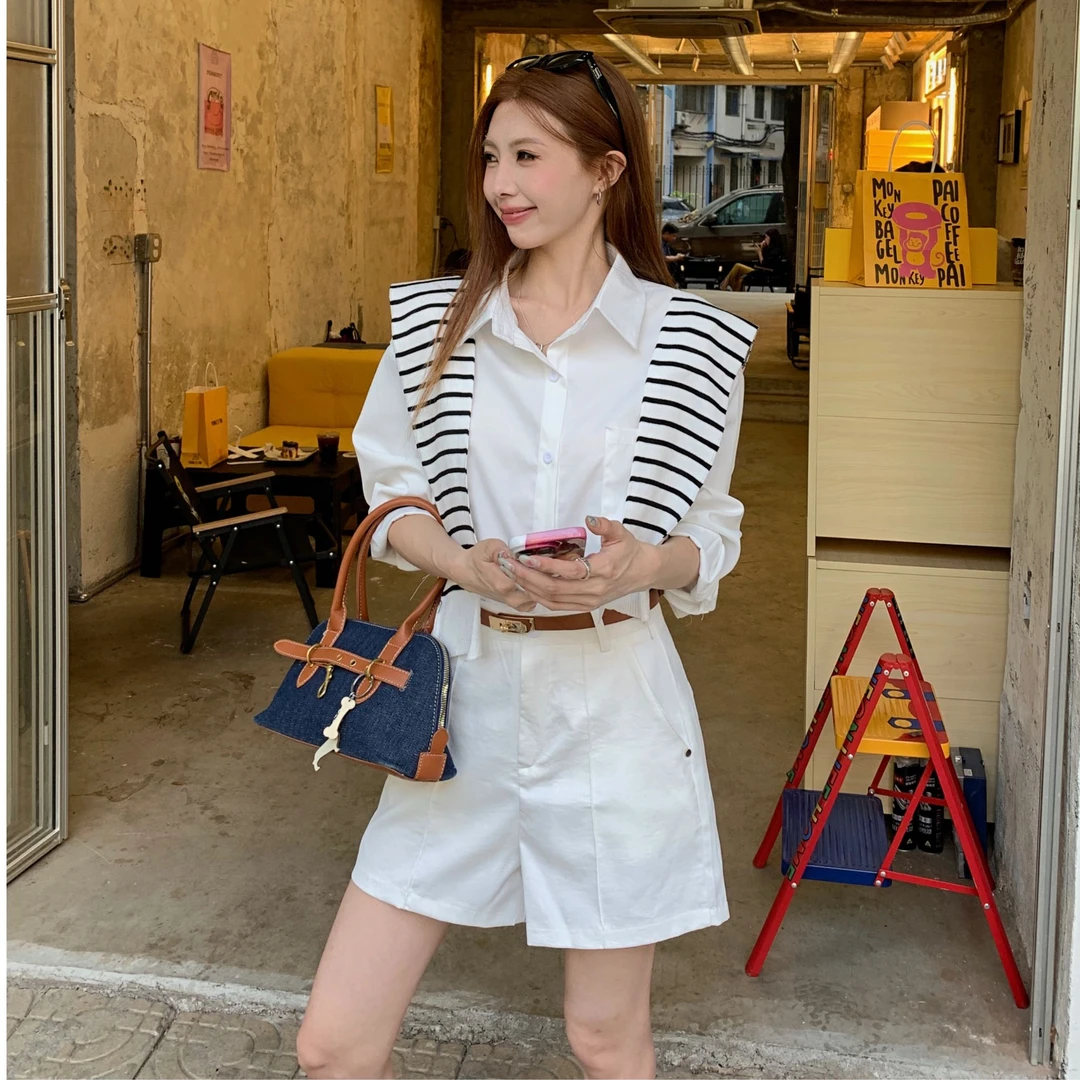 休闲气质白色短裤套装女秋冬2025新款高级感时尚高腰阔腿裤三件套