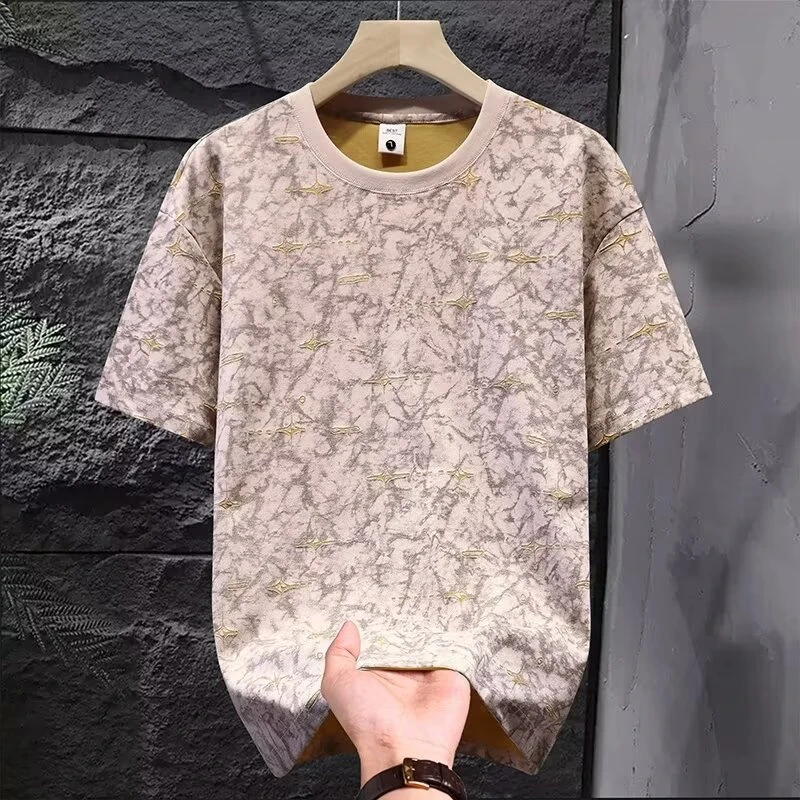 025夏季短袖T恤男士新款破洞时尚撞色百搭帅气宽松圆领半袖男上衣