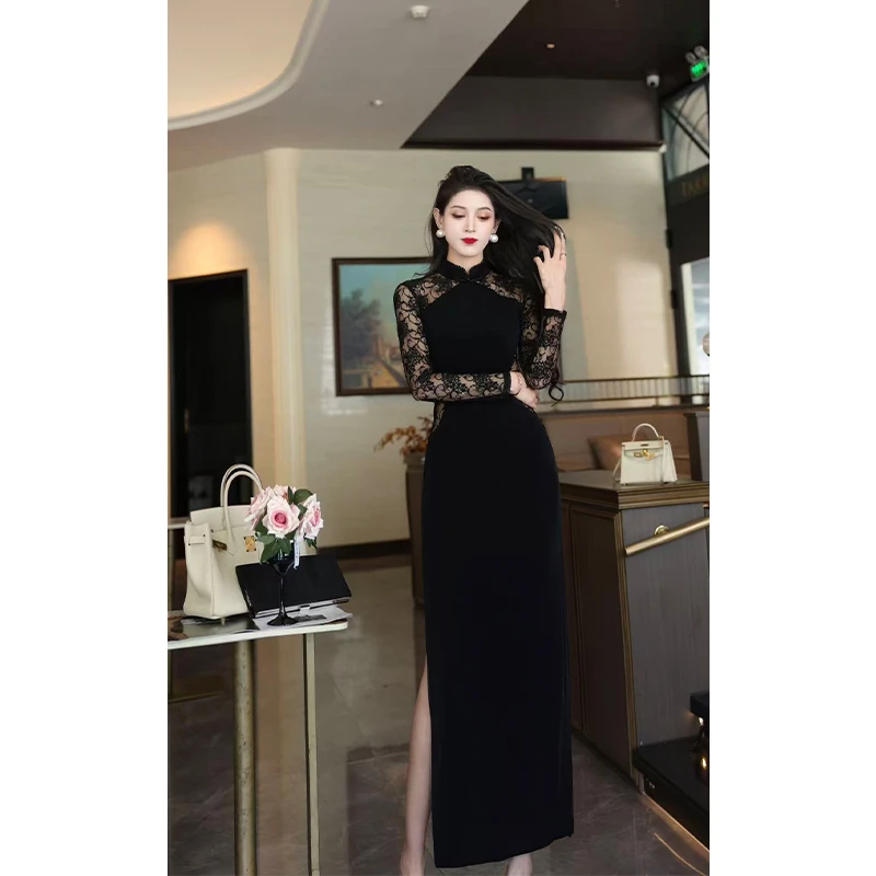 尤克菲儿 "如黛"原创设计轻奢高定修身气质醋酸拼接蕾丝连衣裙