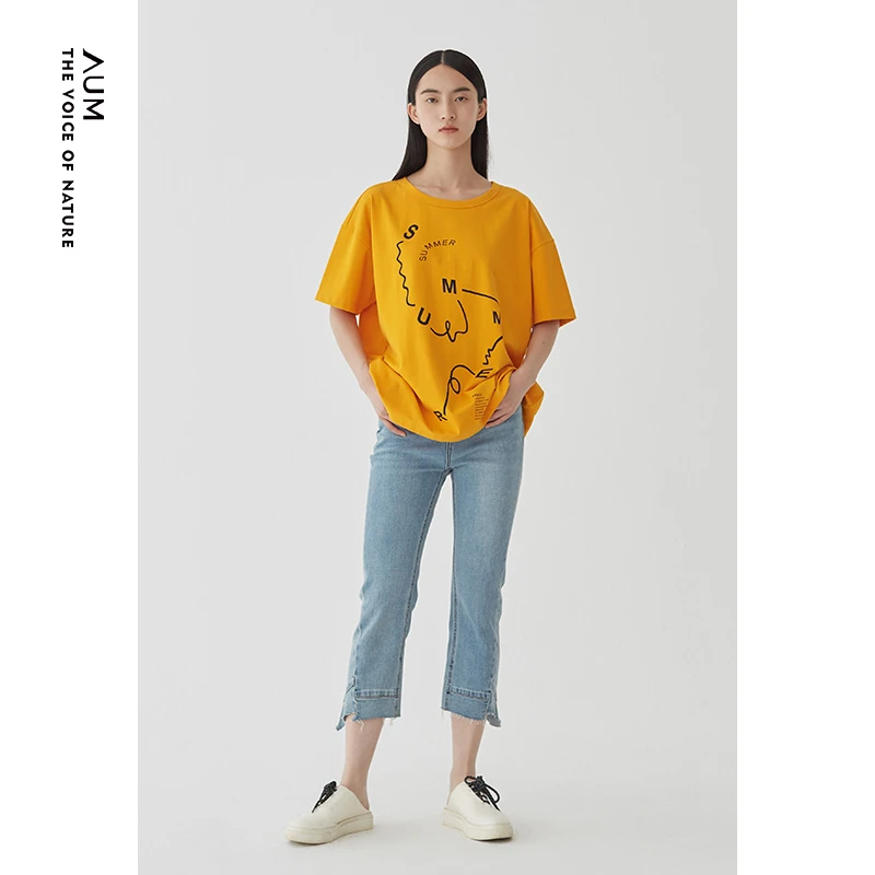 【平子精选】AUM/休闲显瘦宽松圆领线条简约T恤夏季宽松M1AY26867