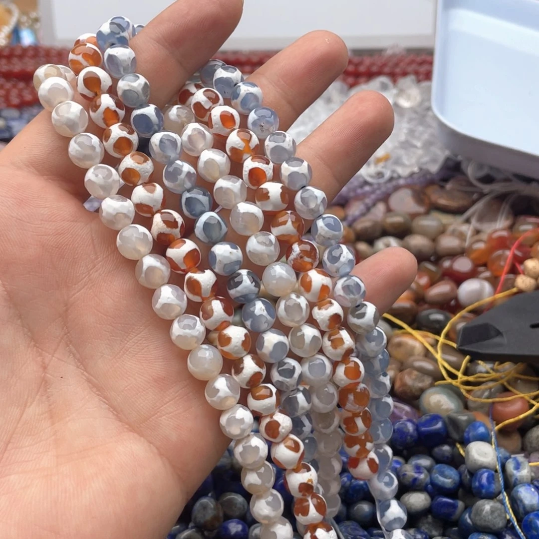 糖****玛瑙/玉髓合金珠宝半成品打包3条花皮玛瑙圆珠