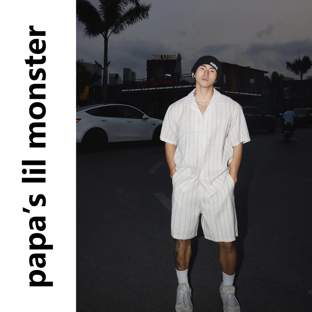 PAPASLILMONSTER美式复古夏季简约条纹短袖衬衫短裤宽松套装