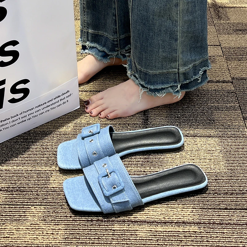 法式凉拖鞋女夏季外穿年新款粗跟网红仙女风中跟高跟一字拖鞋