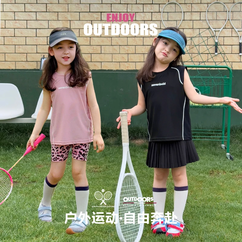 SKC2550女童韩版运动风圆领背心夏装新款女大童字母休闲上衣潮