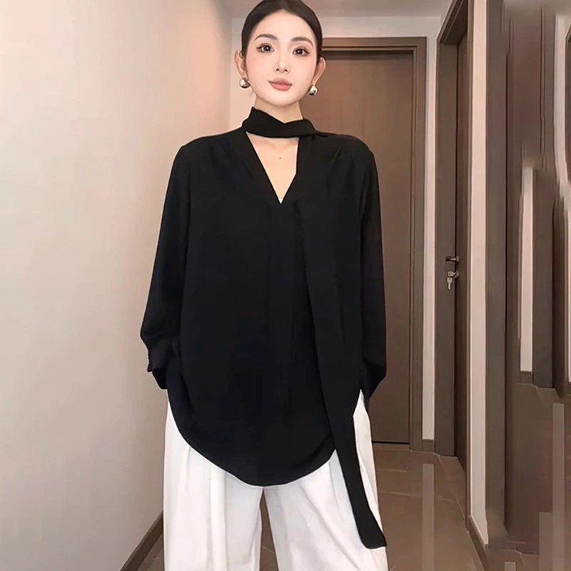 法式气质V领飘带长袖衬衫女春秋季薄款外搭宽松高级感衬衣女上衣