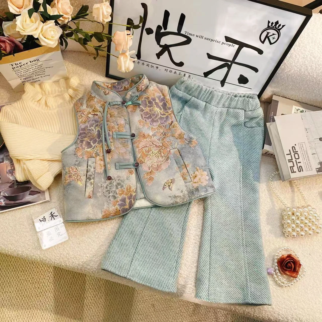 YH萌娃冬装新中式国风亮闪蝴蝶加厚汉服过年加绒裤子套装6450