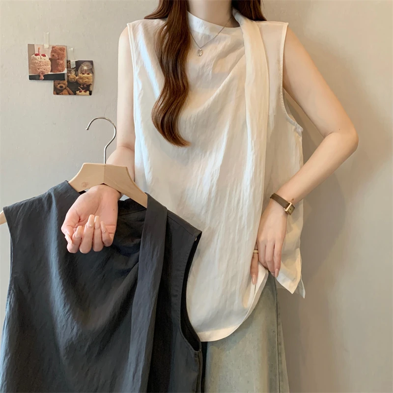 大码法式设计感休闲通勤不规则圆领宽松背心无袖上衣女