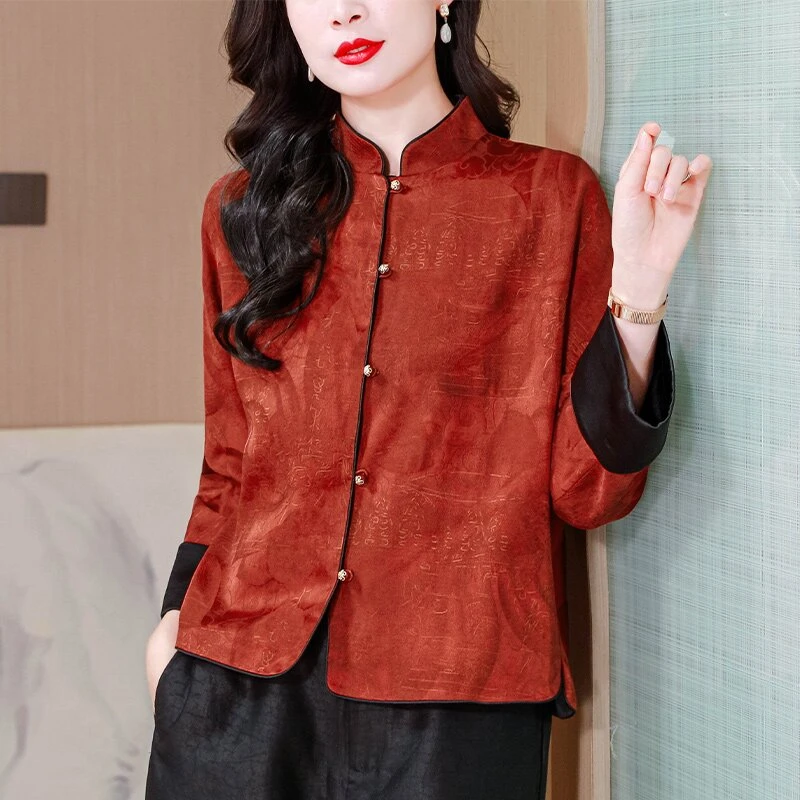 重缎香云纱真丝唐装短外套女立领中国风红色桑蚕丝拜年服2025春秋