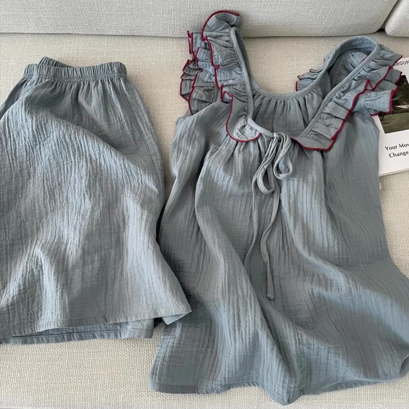 韩系甜美木耳花边无袖睡衣女夏季可外穿复古少女休闲宽松背心短裤