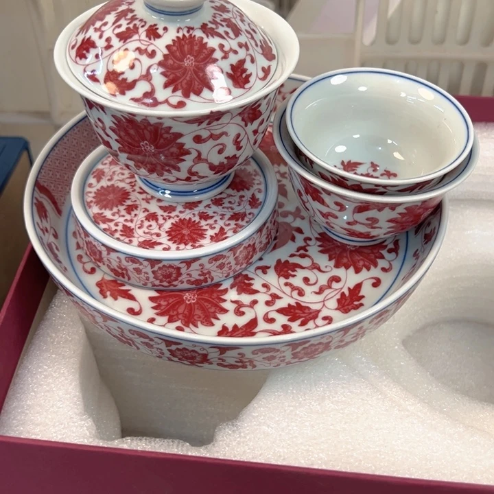 瓷片白青花釉里红缠枝莲五件套全品