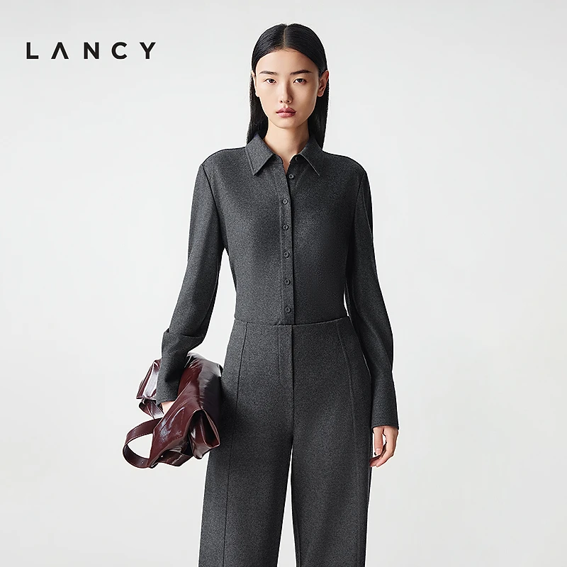 【宋佳同款】LANCY/朗姿2025冬新款翻领衬衫女百搭通勤修身短上衣