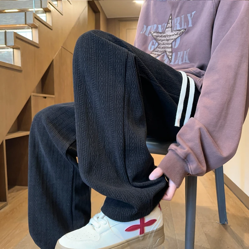 重磅麦穗纹裤子男秋冬季加绒加厚美式潮流复古直筒宽松大码休闲裤