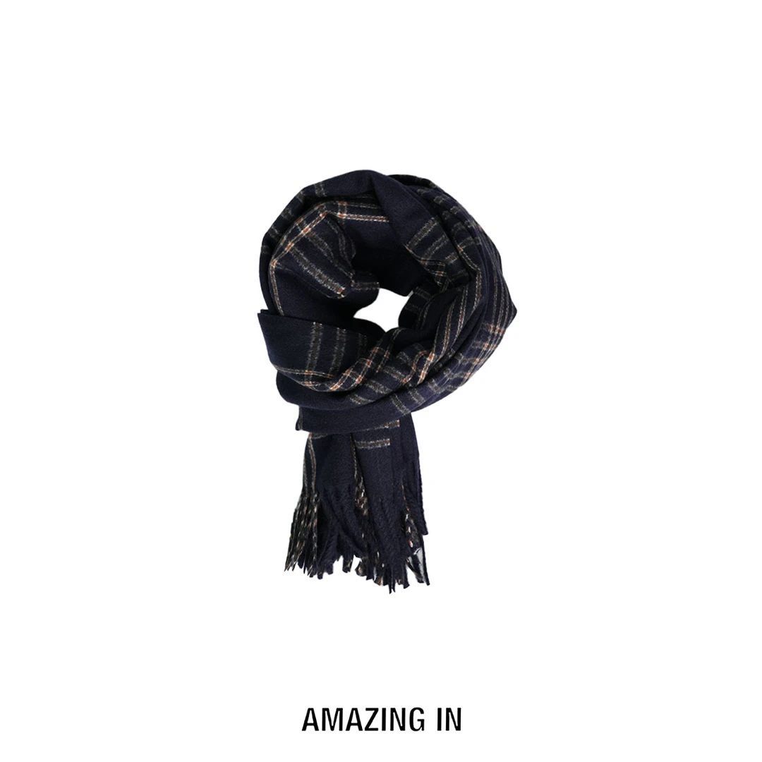 AMAZING IN | 蓝棕格纹 |长款高级感保暖围巾 A251029-AI5ADSV001