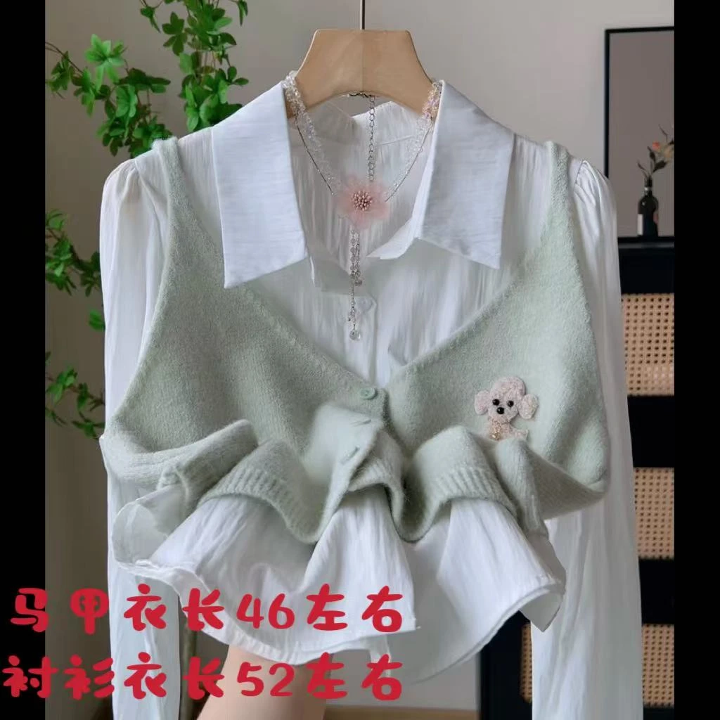 红3038法式叠穿时尚套装女翻领衬衫针织马甲背心两件套