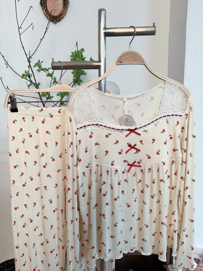 【玫瑰花奶欲蕾丝】睡衣女秋冬季法式甜美带胸垫纯欲家居服套装
