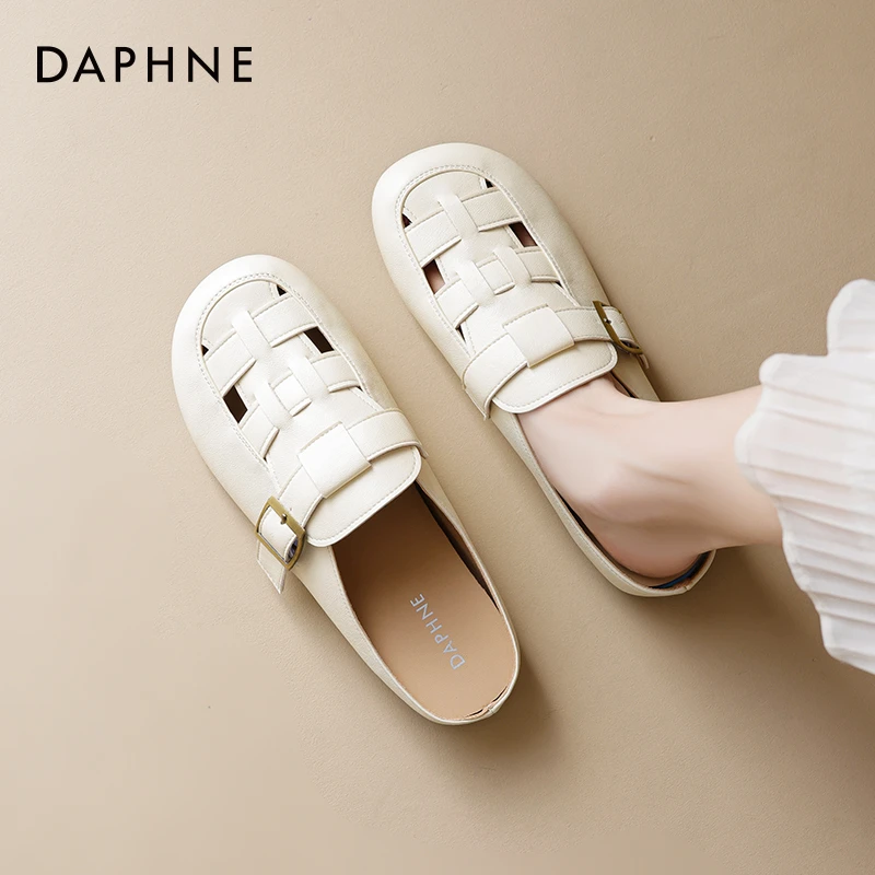 达芙妮包头半拖鞋女2025新款秋冬外穿编织罗马配裙子一脚蹬凉鞋爆