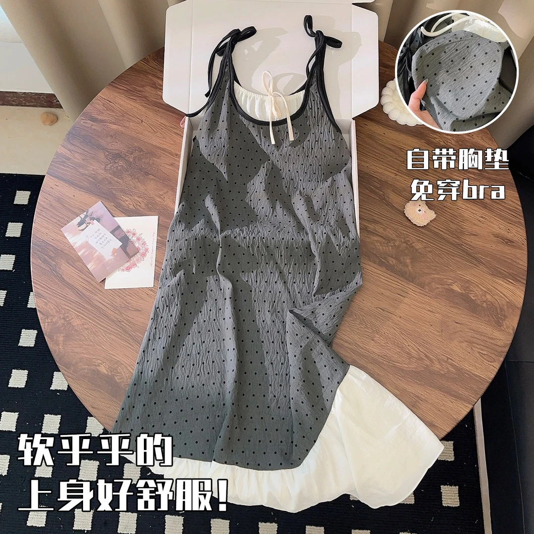 云朵棉吊带胸垫睡裙女士夏季天波点花边新款睡衣薄款小个子家居服