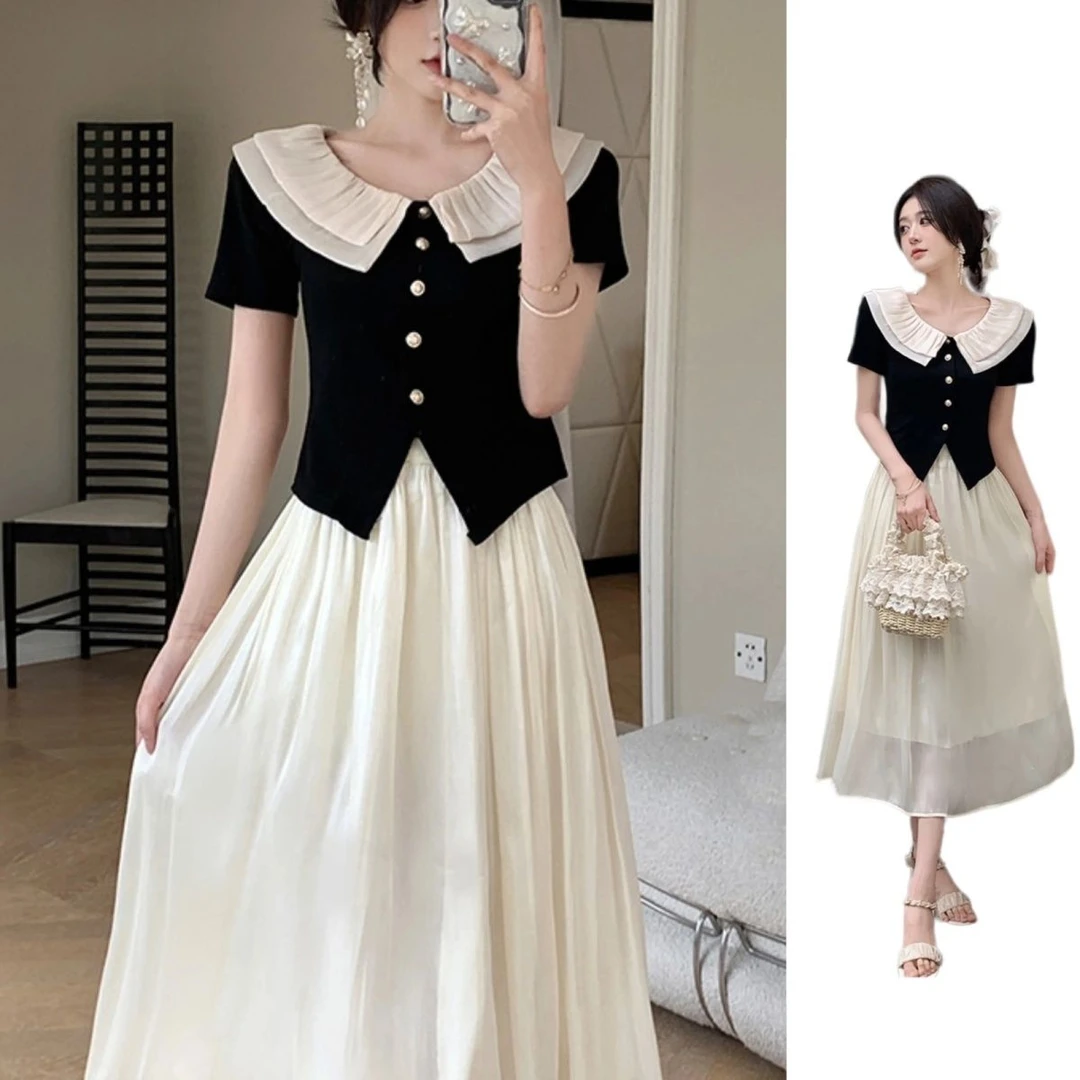 大码女装工厂直销法式撞色网纱娃娃领针织短袖2025半身裙时尚套装