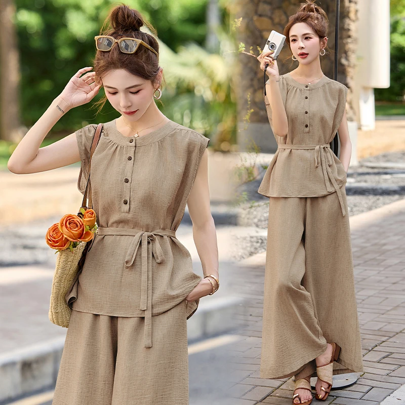 韩系气质时尚无袖系带套装女2025年夏季新款宽松气质阔腿裤两件套