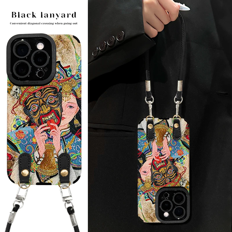 适用苹果手机壳扎基拉姆挂绳瞳眼羊皮新女款硅胶防摔高级感保护套