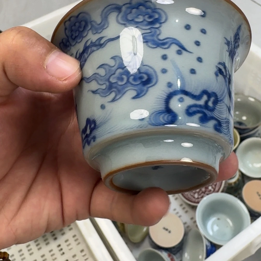 杯老陶泥青花海水龙两才盖碗
