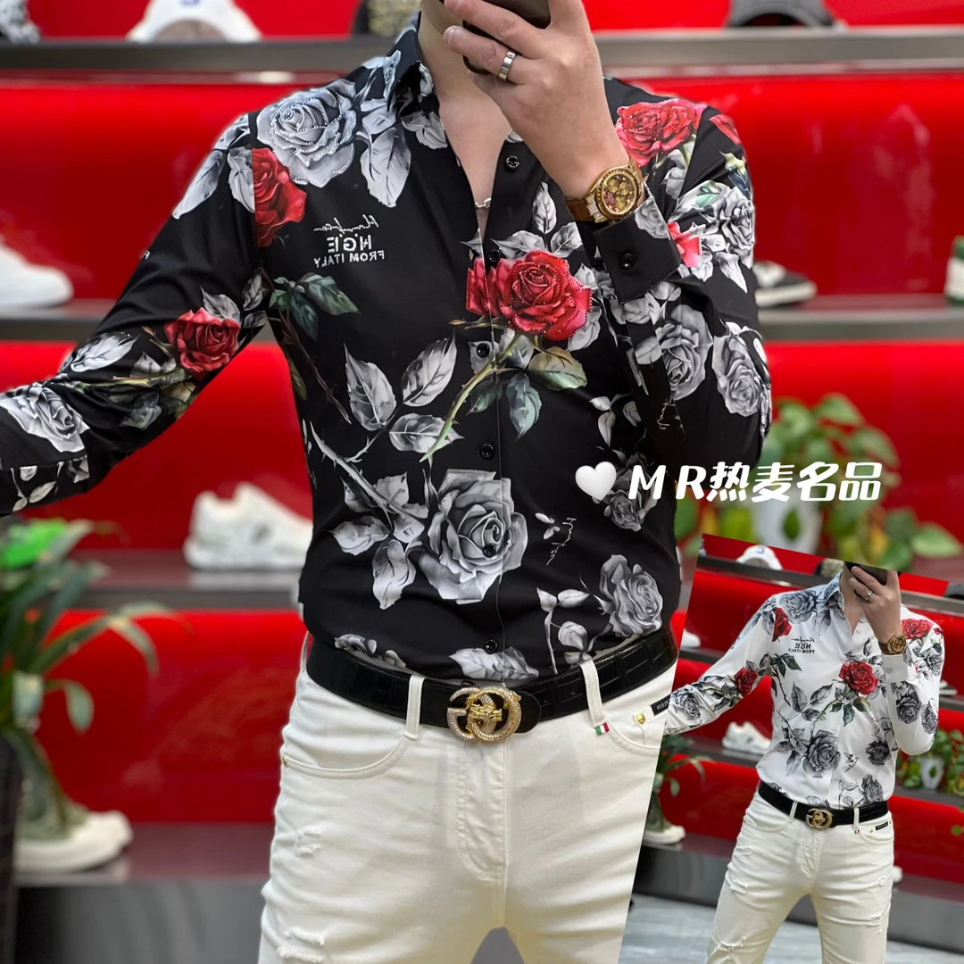 【星欧甄选】春夏衬衫弹力玫瑰烫钻25款 男士修身免熨烫长袖衬衫541