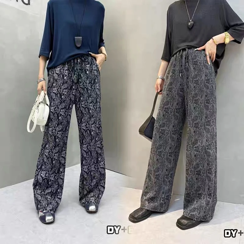 小个子复古印花阔腿裤女春秋2025新款松紧腰宽松直筒慵懒风休闲裤