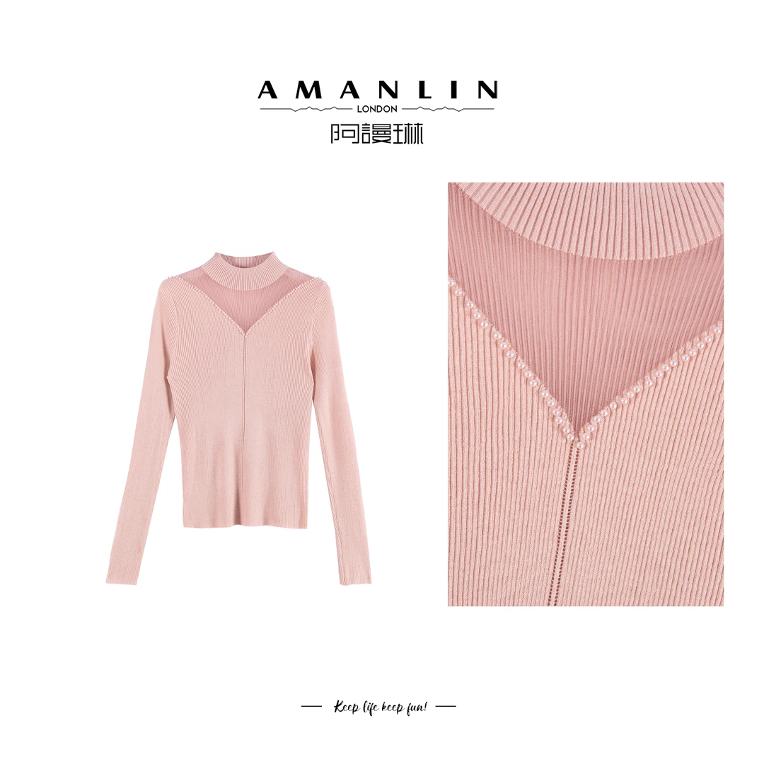 【AMANLIN】春季穿搭设计感气质镂空性感打底显瘦套头上衣F595320