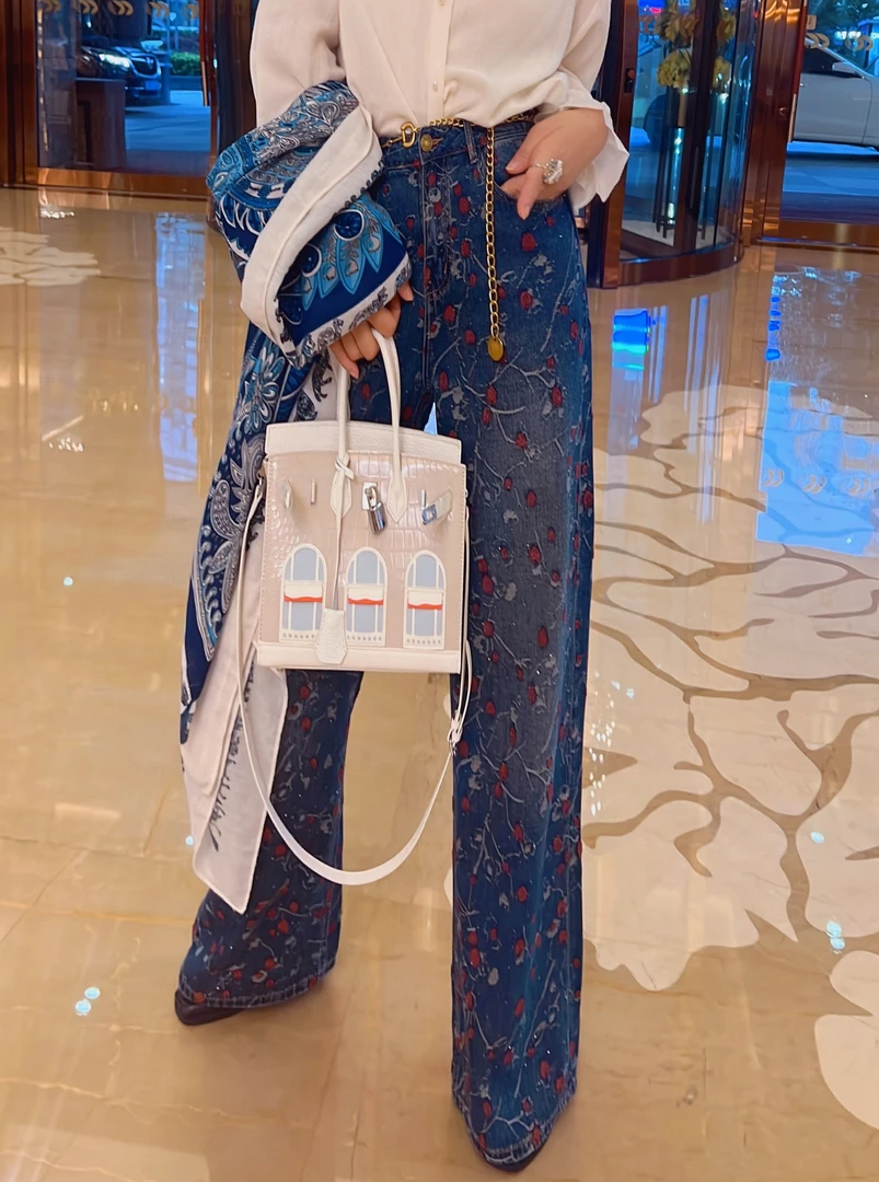 【时尚先驱】欧美法式静奢风定制高奢刺绣水洗软牛仔裤裤子阔腿高腰