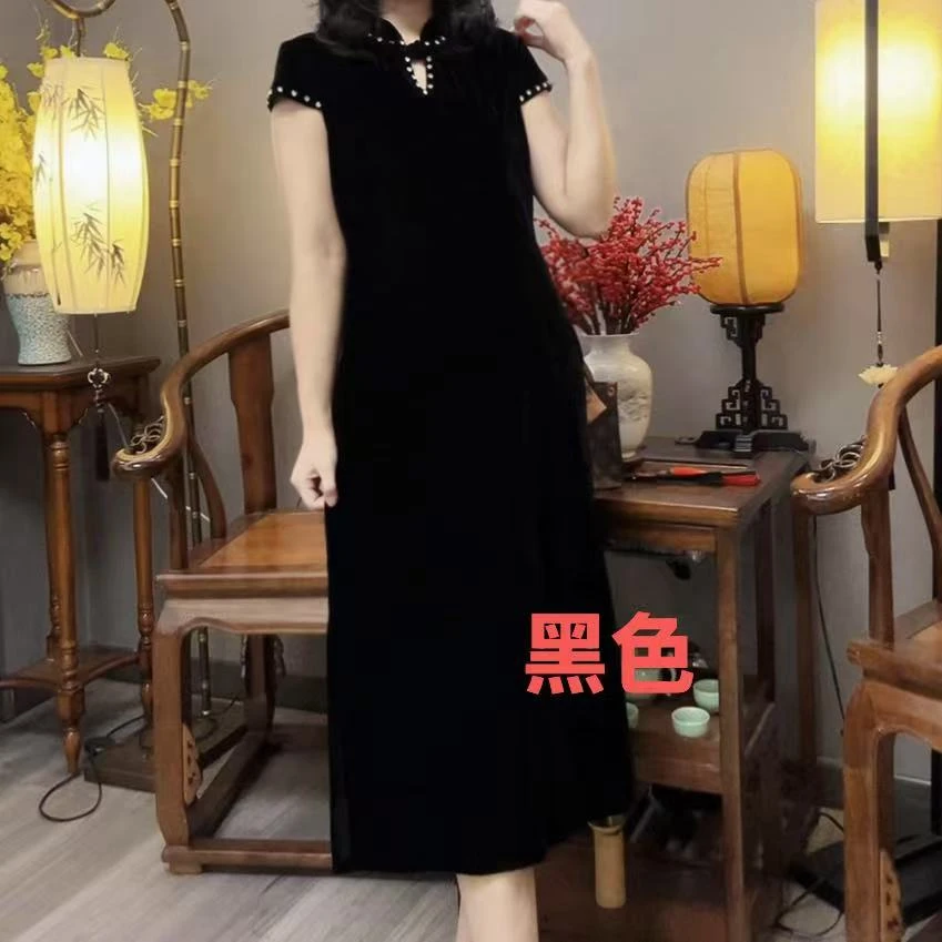 【峰姐优品】国风串珠上肩包袖丝绒连衣裙0613【HBX】