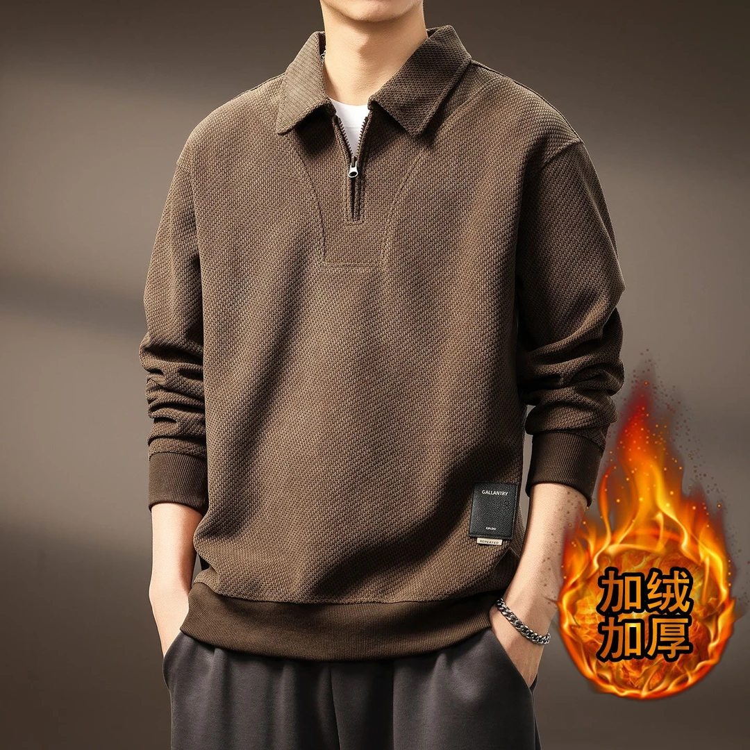 新款半拉链翻领秋冬季青年男士长袖卫衣加绒加厚潮牌日系保暖外套