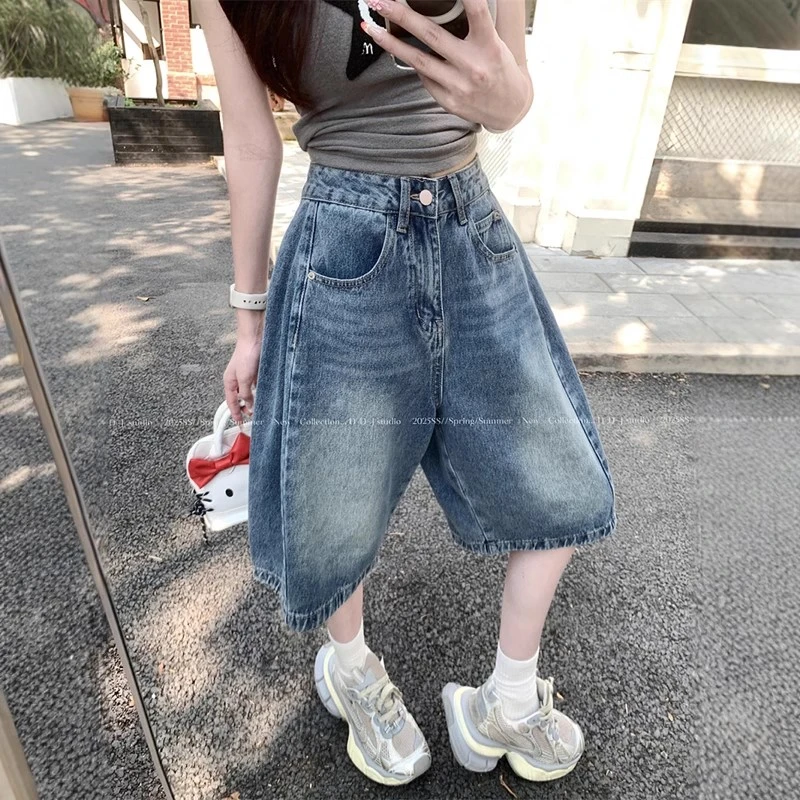 复古蓝五分阔腿牛仔短裤女2025新款夏季薄款高腰显瘦宽松垮裤中裤