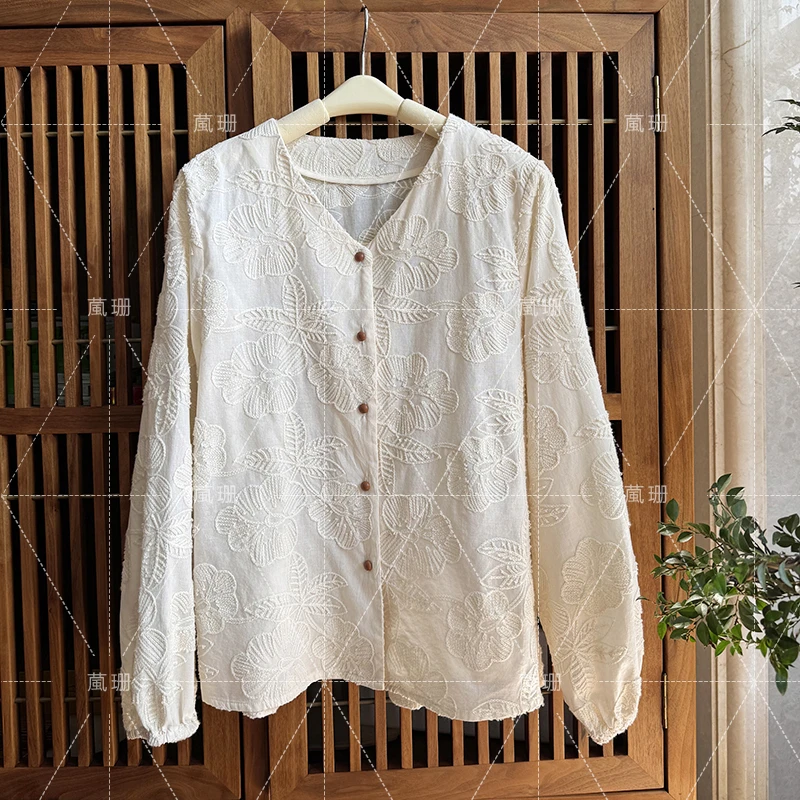 【木槿】秋季薄款重工刺绣棉质V领衬衫上衣 52194
