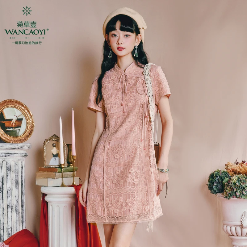 菀壹新款蕾丝气质少女复古法式中国风连衣裙Q36021421