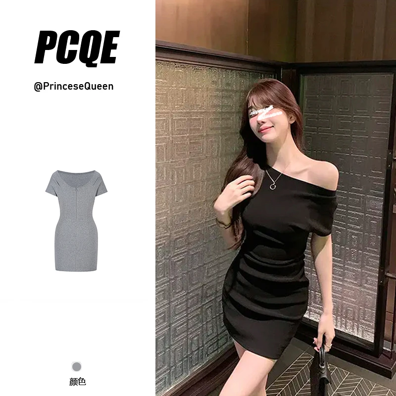 夏季修身韩系收腰显瘦气质短袖一字领连衣裙法式性感不规则短裙