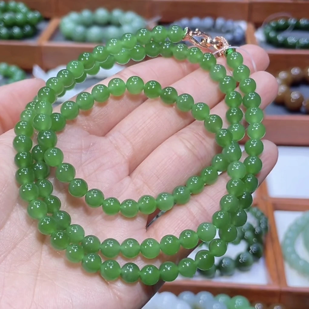 半价福利！和田玉俄料碧玉冰底果阳绿多圈项链6mm
